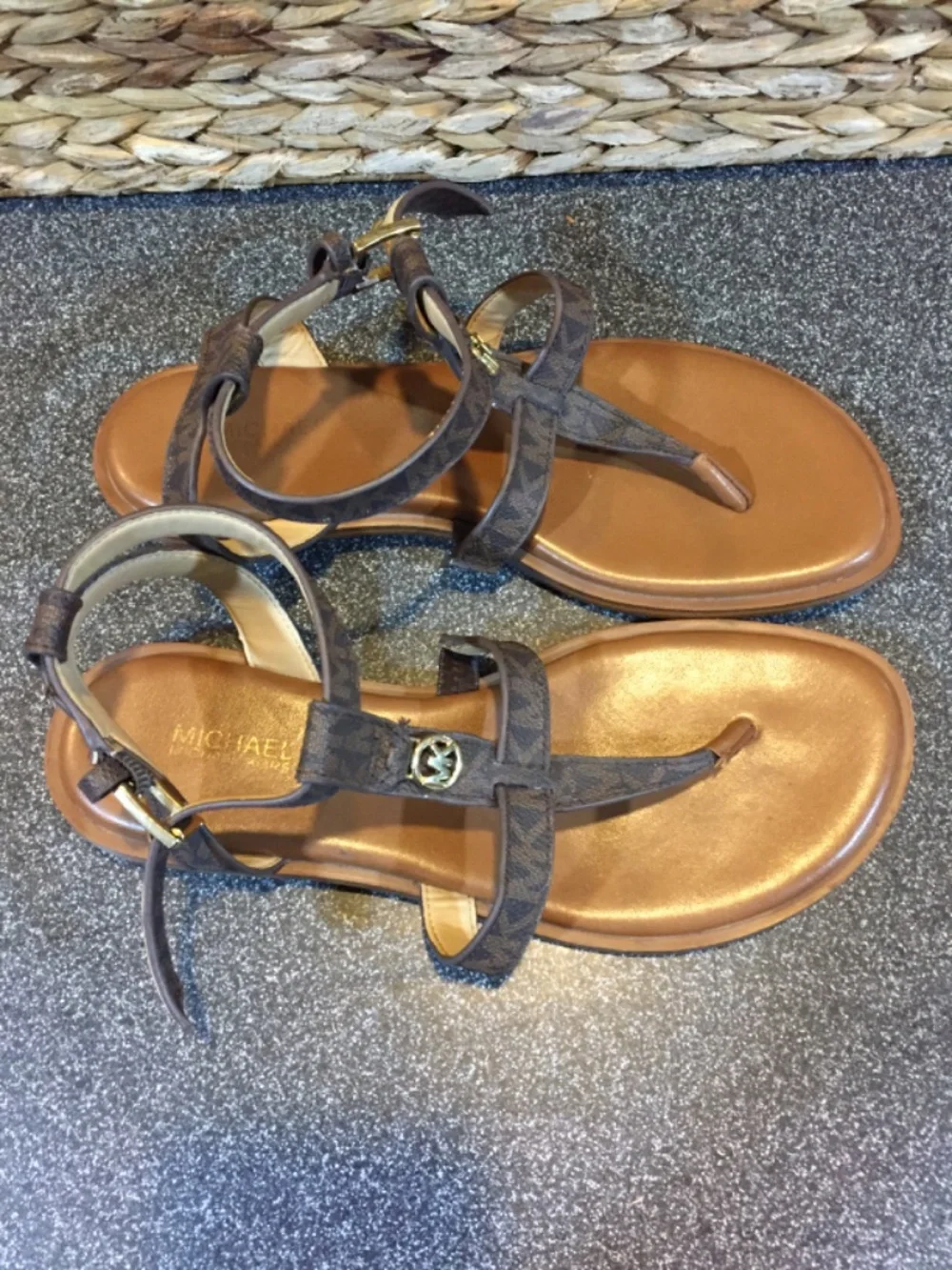 MICHAEL Michael Kors Brown Monogram T-Strap Brown Sandals